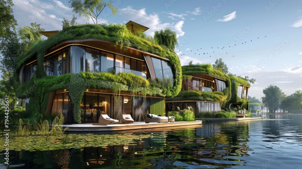 A tranquil scene: a floating house rests gently on water, evoking serenity and harmony with nature.