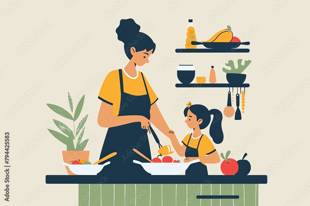 This charming illustration depicts a mother and child preparing a meal together, ideal for family, cooking, and lifestyle content.
This charming illustration depicts a mother and child preparing a meal together, ideal for family, cooking, and lifestyle content.