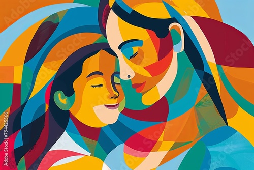 An abstract, colorful depiction of a mother and child in a close embrace, ideal for themes of family and abstract art.
