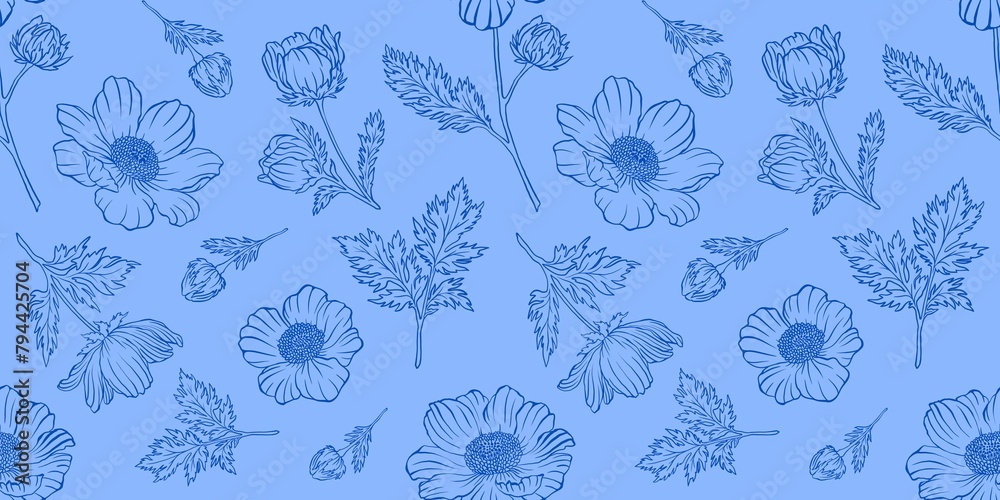 Seamless floral pattern adonis line graphic spring summer cute romantic contour blue flowers simple - obrazy, fototapety, plakaty 