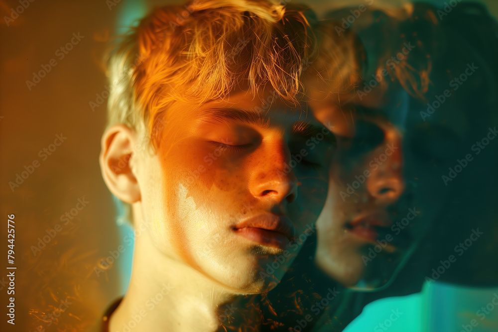 In dreams concept. Portrait of handsome young blond man posing with closed eyes and having visions. Double exposure. Cinematic effect, old films style. Evening time. Inddoor shot