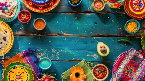 A vibrant Fiesta table adorned with colorful decorations placed on a wooden surface photo