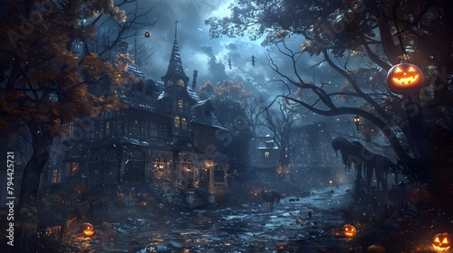 alloween night scene Ai generative HD 8K wallpaper Stock Photographic Image. An HD wallpaper is a high-resolution image that provides exceptional clarity and detail 