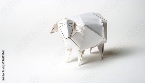 Animal concept origami isolated on white background of a white sheep with copy space representing equality or following others