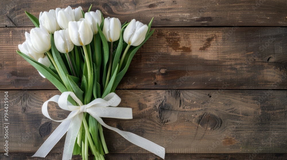 Naklejka premium A stunning arrangement of white tulips elegantly tied with a white ribbon set against a rustic wooden backdrop Captured from above leaving room for additional elements