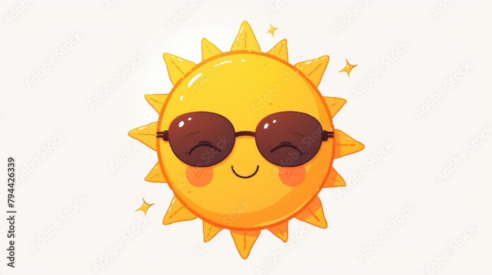 A cheerful sun sporting trendy dark shades depicted as a flat icon and set against a white background