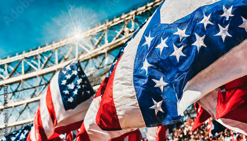 Celebrating Fans Waving USA Flags During Sports Stadium Game