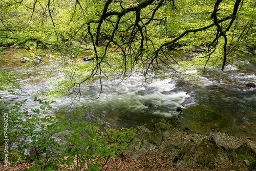 Long exposure of the river Barle flowing through the Barle valley at Tarr Steps in Exmoor National Park