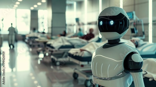 robot standing in a hospital room  observing people lying in bed.