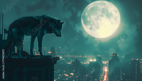 A wolf looking down over a city at night. The wolf's fur bristles with intensity, catching the moonlight in shades of silver and gray