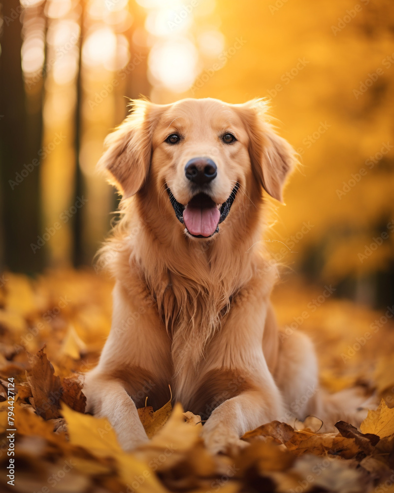 photo of a golden retriever dog against a background of autumn leaves сreated with Generative Ai photo of a golden retriever dog against a background of autumn leaves сreated with Generative Ai