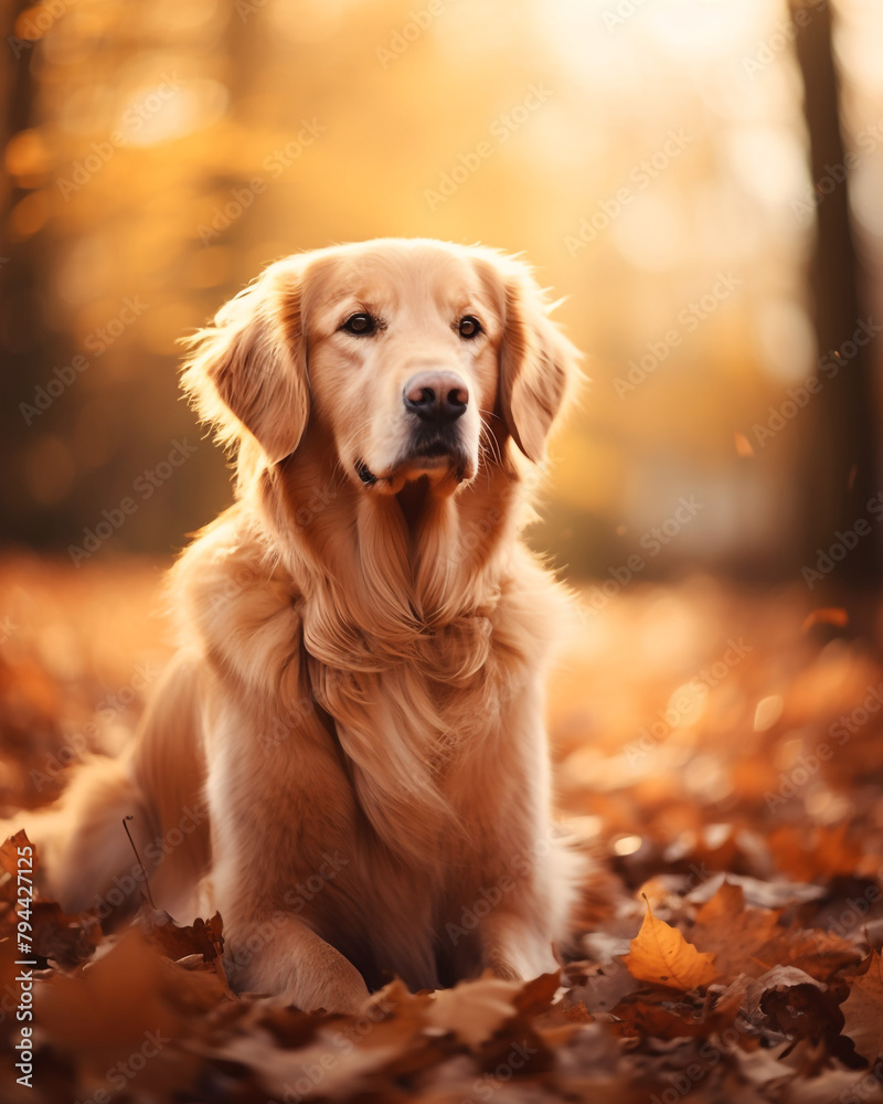 photo of a golden retriever dog against a background of autumn leaves сreated with Generative Ai photo of a golden retriever dog against a background of autumn leaves сreated with Generative Ai