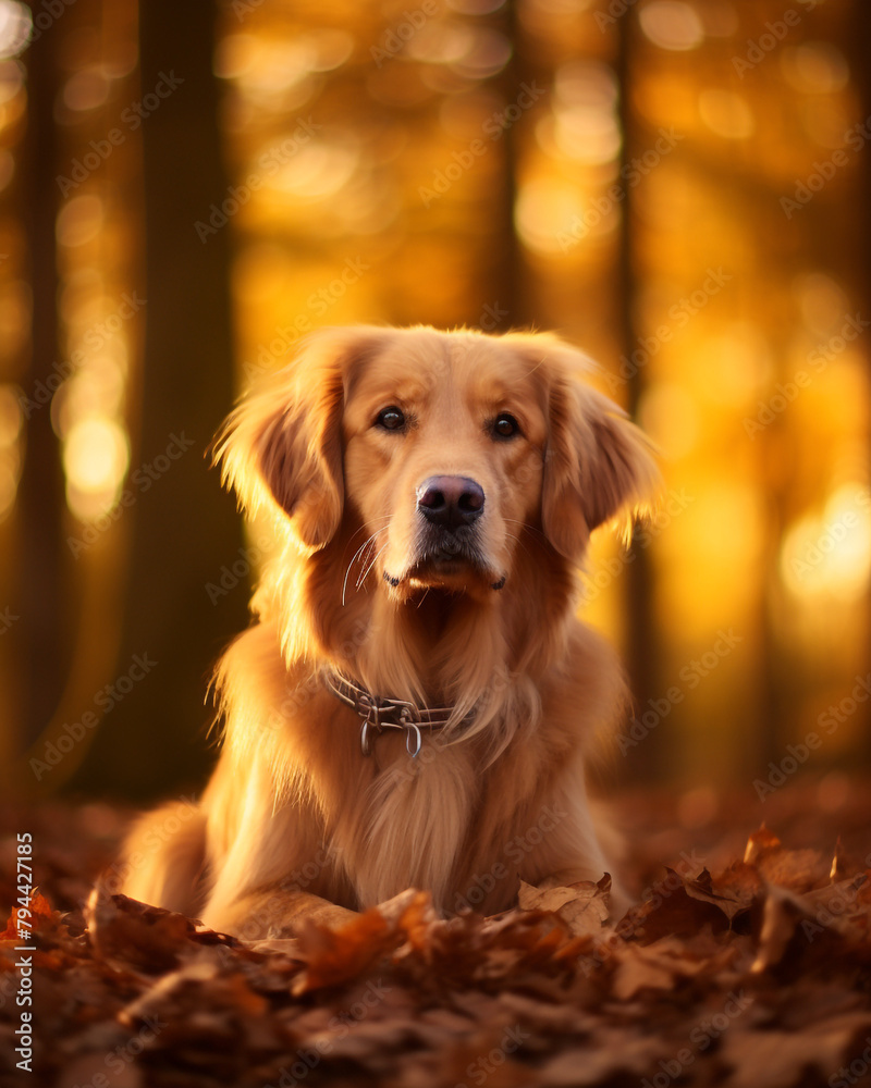 photo of a golden retriever dog against a background of autumn leaves сreated with Generative Ai photo of a golden retriever dog against a background of autumn leaves сreated with Generative Ai