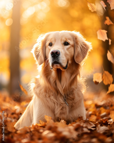 photo of a golden retriever dog against a background of autumn leaves сreated with Generative Ai