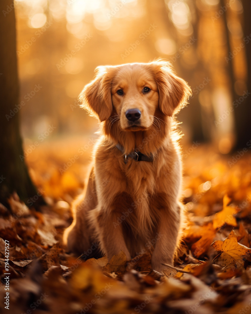 photo of a golden retriever dog against a background of autumn leaves сreated with Generative Ai photo of a golden retriever dog against a background of autumn leaves сreated with Generative Ai