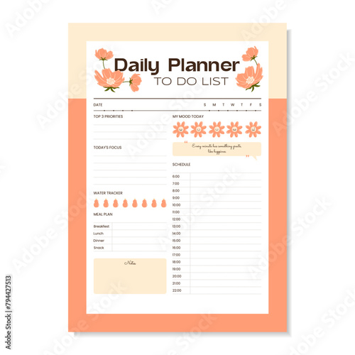 Template of trendy peachy personal daily planner for tracking your routine flowers, weekly and daily trackers. Trendy colors, printable blank for organize taks and schedule, track goal progress