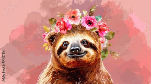  A painting of a sloth with a flower crown on its head, gazing upward at the camera