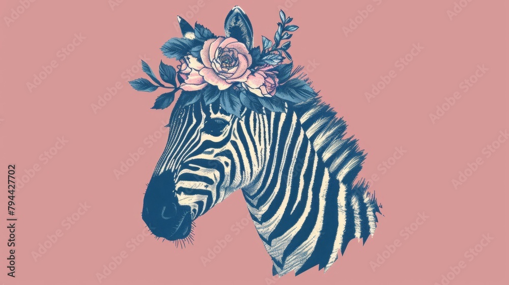 Fototapeta premium A zebra with a flower atop its head is featured in this close-up image The scene behind is dominated by a pink wall