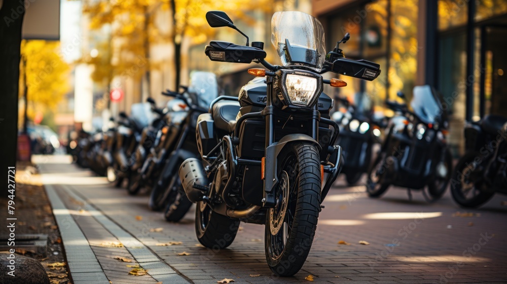 A row of custom motorcycles parked