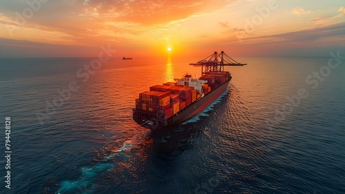 Container Cargo Ship with Crane: Aerial View at Sunset. Concept Shipping Industry, Container Ship, Crane, Aerial View, Sunset