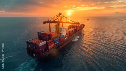 Shipping Container Vessel with Crane in Operation Captured from Above at Dusk. Concept Shipping Industry, Container Vessel, Crane Operation, Aerial Photography, Dusk Views