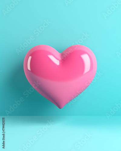 3D pink heart on a soft turquoise background сreated with Generative Ai