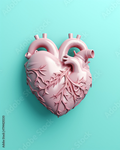3D pink heart on a soft turquoise background сreated with Generative Ai