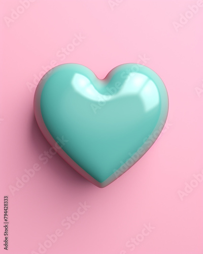 3D pink heart on a soft turquoise background сreated with Generative Ai