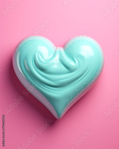 3D pink heart on a soft turquoise background сreated with Generative Ai