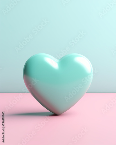 3D pink heart on a soft turquoise background сreated with Generative Ai