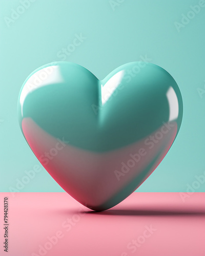 3D pink heart on a soft turquoise background сreated with Generative Ai