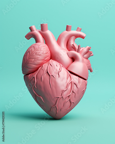 3D pink heart on a soft turquoise background сreated with Generative Ai