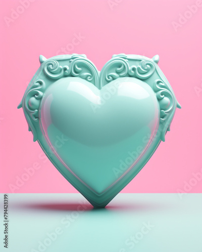 3D pink heart on a soft turquoise background сreated with Generative Ai