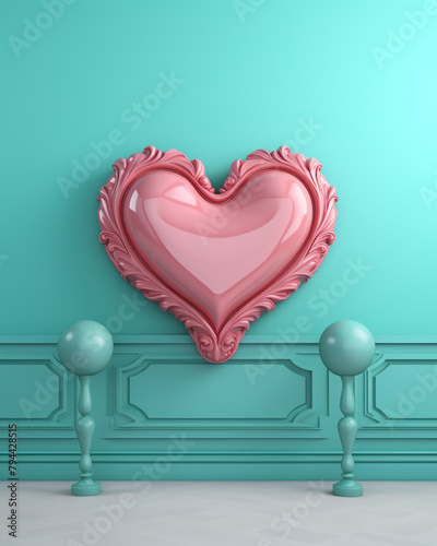 3D pink heart on a soft turquoise background сreated with Generative Ai