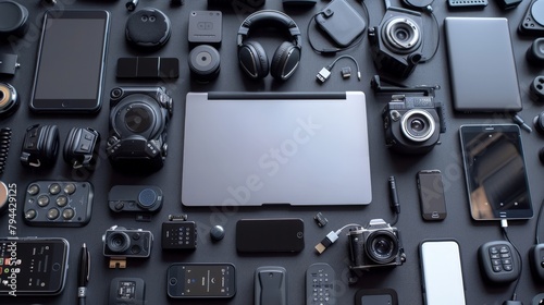 Overhead view of a desk wit...