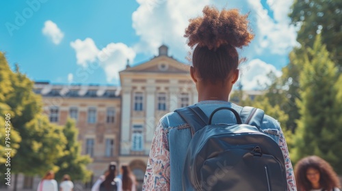 Young Black refugee woman exploring university campus. Immigrant student with backpack. Concept of education, new beginnings, immigrant journey, diversity, and cultural assimilation. Back view photo