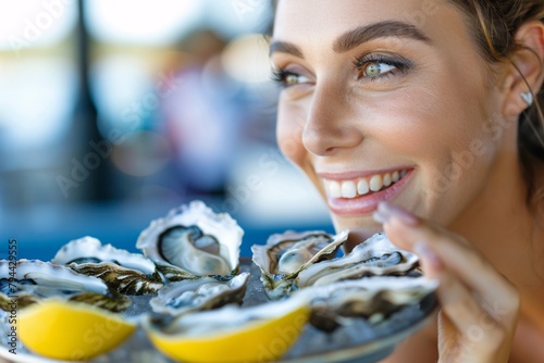 Close-up of a woman relishing a platter of freshly shucked oysters