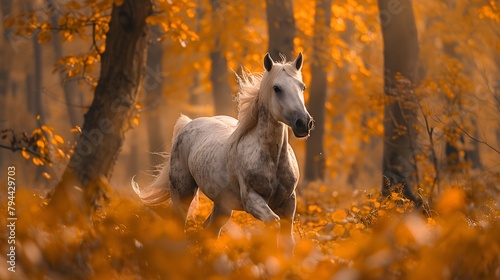 Arabian Horse, Bavaria, in the autumn forest Germany, 8k 