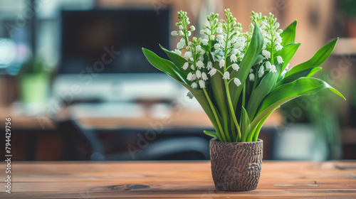 Blooming Lily Bouquet on Desk., Lily of the Valley celebration, 1st of May