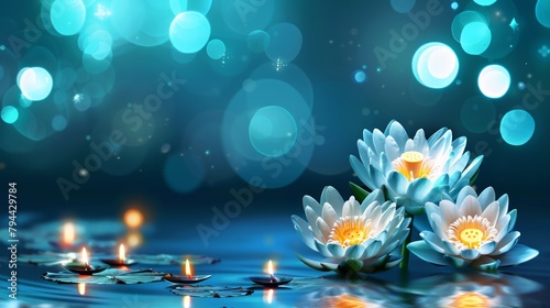 Water lilies and floating candles on tranquil water. Serene lotus flowers with soft candlelight. Concept of tranquility, meditation, spa ambiance, and peaceful water scenery. Copy space