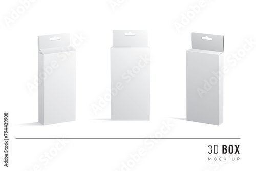 Packaging Hanging Quarter Length Double Height Box 3D Mockups Set of Isometric Open Closed and Frontal View Blank Templates - White Realistic Boxes on Similar Background - Graphic Design