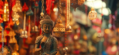 Ornate Buddhist charm exhibited with vibrant hues behind. Traditional Thai amulet for spiritual safeguarding. Concept of religious symbolism, cultural heritage, spiritual accessories, and faith. photo