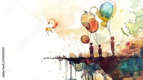 Artwork of a person standing on the edge of a cliff, surrounded by colorful balloons in a landscape with vibrant trees and a clear blue sky.