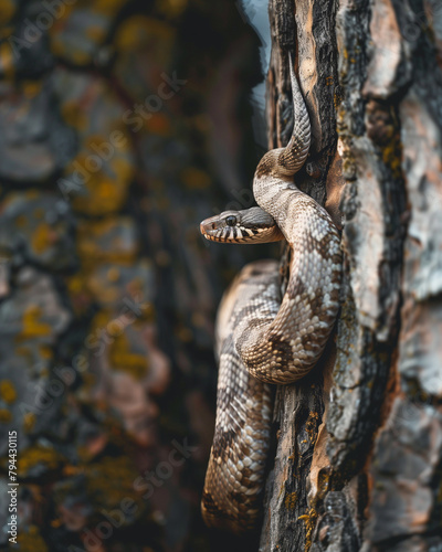 Snake coiled on tree trunk