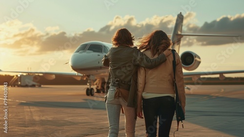 Two friends walk arm in arm backs to the camera as they excitedly chat about upcoming private jet flight. . .