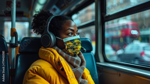 Black woman, covid and mask with headphones in transport for safe traveling, trip or destination during pandemic. African American woman wearing safety mask on public transportation photo