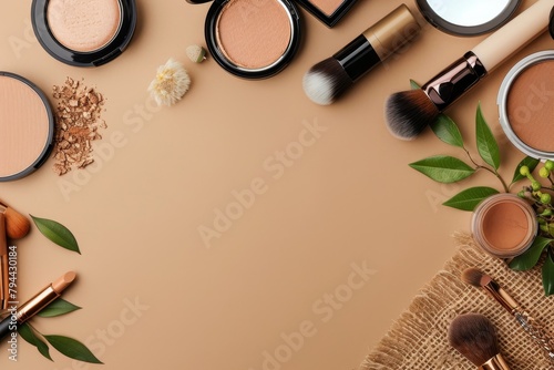 Cosmetics on a mirror on brown background viewed from above