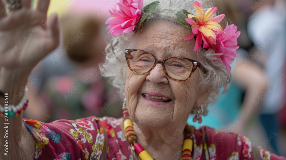 Obraz premium An older woman wearing a vibrant flower in her hair, looking dignified and elegant