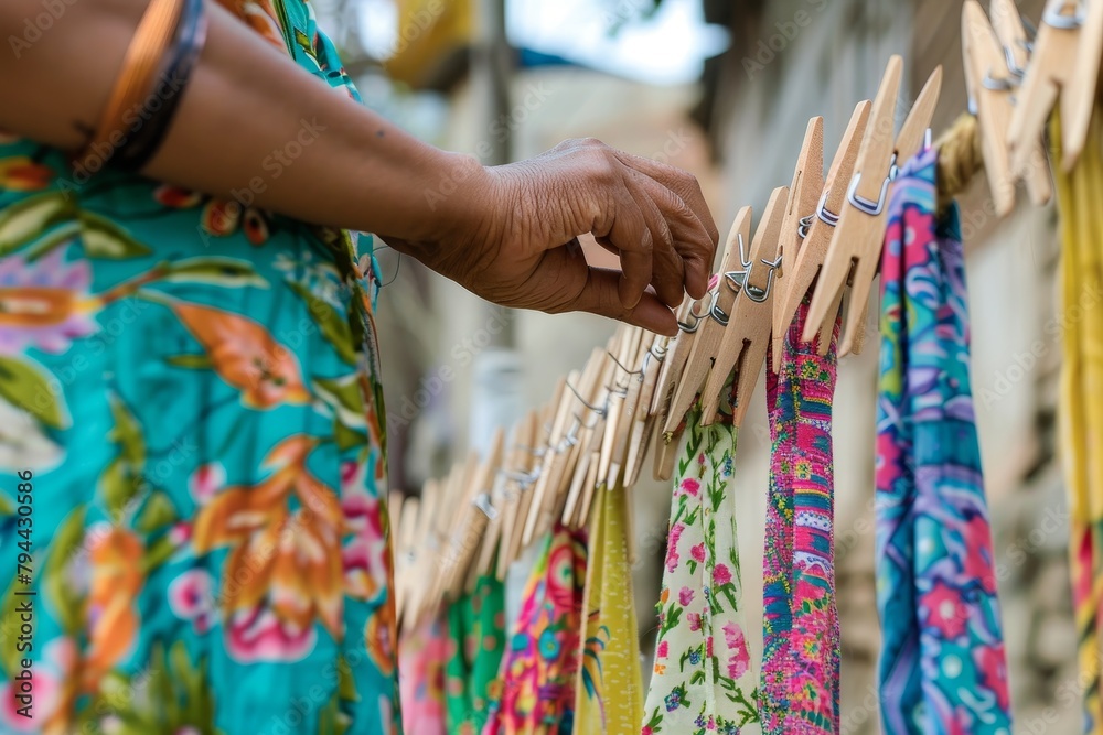 woman hand attaches things with clothespin to rope for drying in village