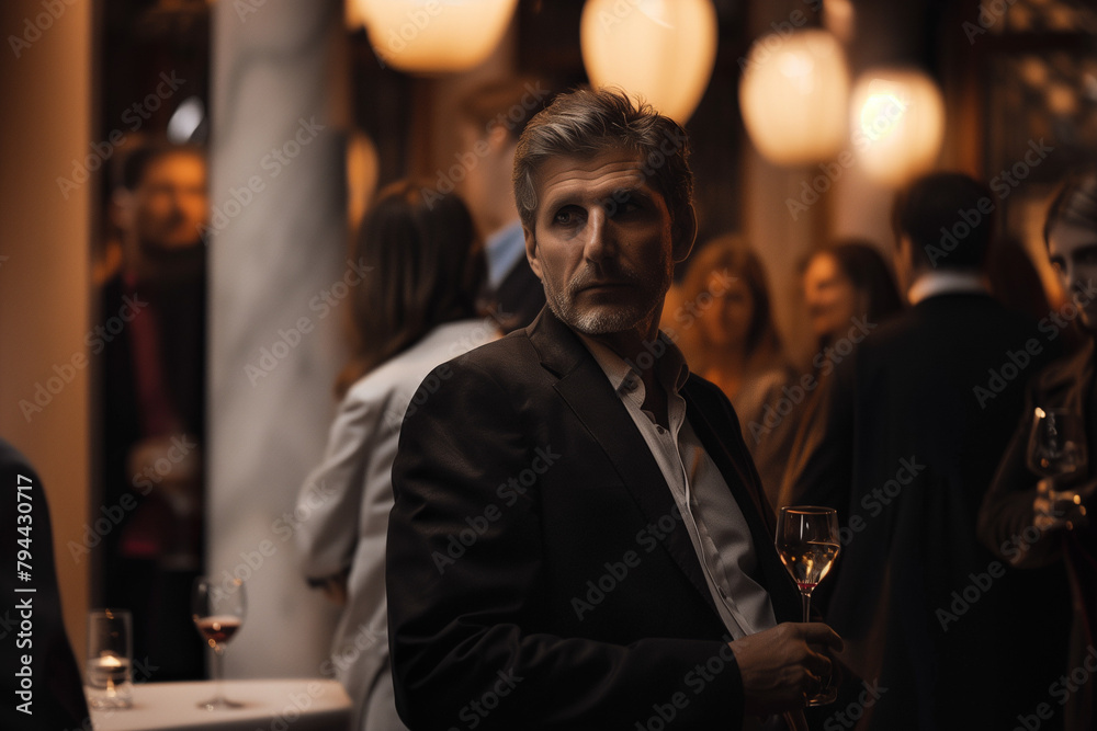 Well dressed middle aged man looking pensive in a luxurious social event, lonely and thoughtful, landscape format Well dressed middle aged man looking pensive in a luxurious social event, lonely and thoughtful, landscape format